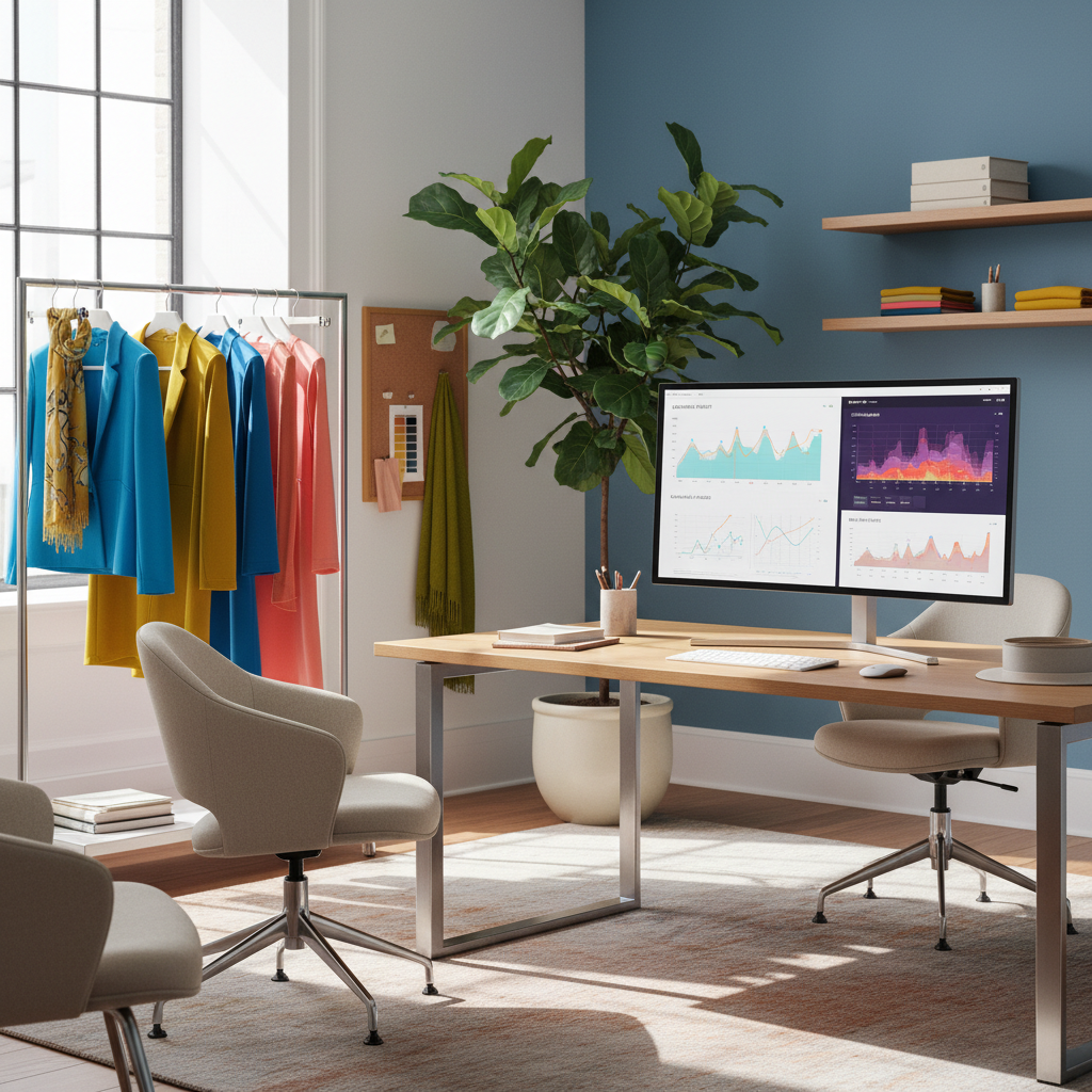 modern desk with apparel samples and glowing marketing dashboard on computer screen