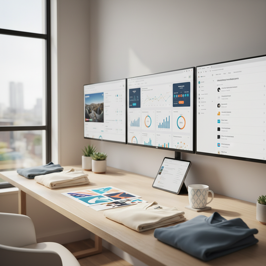 sunlit modern desk with apparel samples, dtf prints, and marketing dashboards displayed on monitors