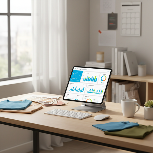 bright modern desk with t-shirt samples, color swatches, and a tablet showing marketing data